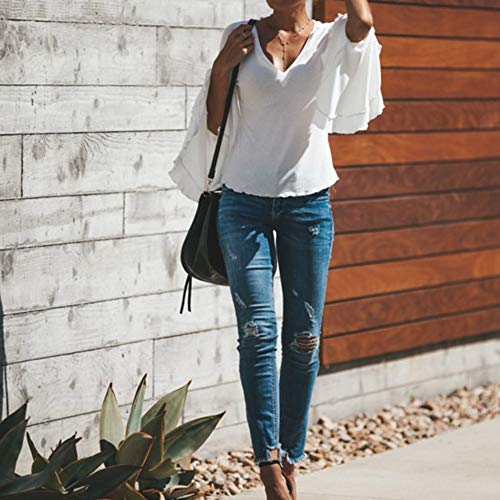 VJGOAL Mujer Otoño e Invierno Moda Casual Color sólido Sexy Escote en V Manga Larga Manga angosta Tops Camisa Blusa(Small,Blanco)
