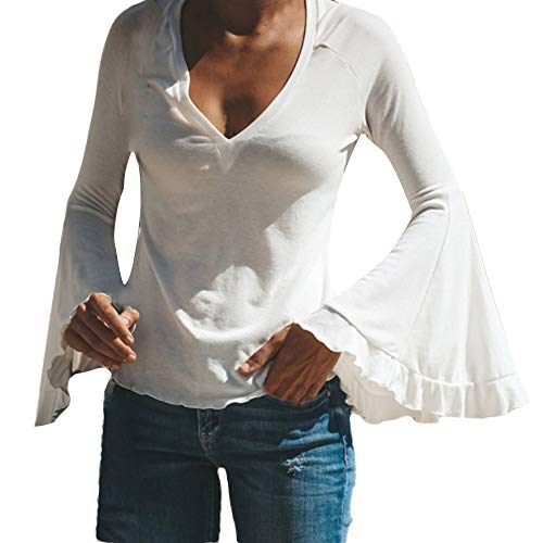 VJGOAL Mujer Otoño e Invierno Moda Casual Color sólido Sexy Escote en V Manga Larga Manga angosta Tops Camisa Blusa(Small,Blanco)
