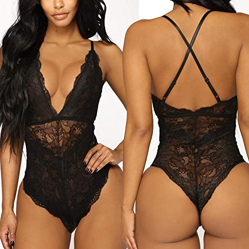 VJGOAL Mujeres Sexy Honda de Encaje Lencería Mono Babydoll Ropa Interior erótica Body Playsuits(XX-Large,Negro)