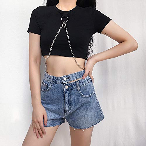 VJGOAL Tops Cortos de Cuello Redondo de Manga Corta para Mujer Verano Blusa Estilo Punk Gótica Cadena Camisetas