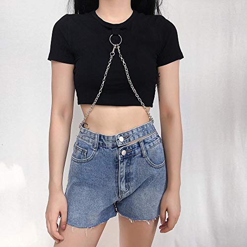 VJGOAL Tops Cortos de Cuello Redondo de Manga Corta para Mujer Verano Blusa Estilo Punk Gótica Cadena Camisetas
