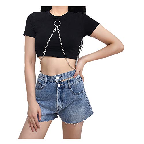 VJGOAL Tops Cortos de Cuello Redondo de Manga Corta para Mujer Verano Blusa Estilo Punk Gótica Cadena Camisetas
