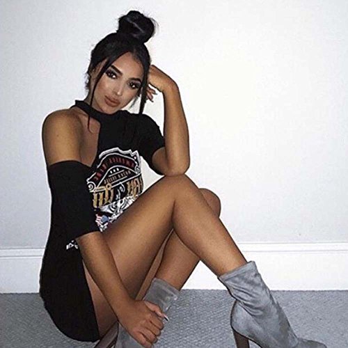 VJGOALas Mujeres Atractivas de la Vendimia cuelgan el Cuello de la Personalidad del Hombro Rock Club Nocturno Estilo de impresión de la Camiseta Larga Mini Vestido (S, Negro)