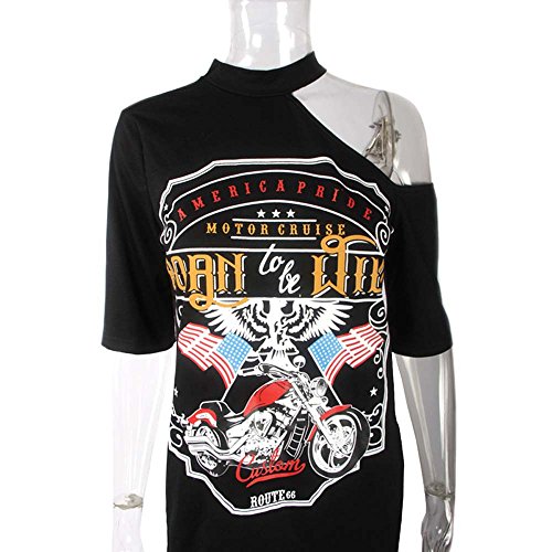 VJGOALas Mujeres Atractivas de la Vendimia cuelgan el Cuello de la Personalidad del Hombro Rock Club Nocturno Estilo de impresión de la Camiseta Larga Mini Vestido (S, Negro)