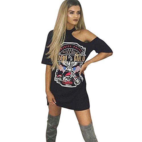 VJGOALas Mujeres Atractivas de la Vendimia cuelgan el Cuello de la Personalidad del Hombro Rock Club Nocturno Estilo de impresión de la Camiseta Larga Mini Vestido (S, Negro)
