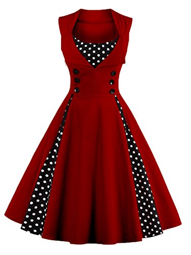 vkstar® para Mujer Vintage 1950 de Inspired botón Swing vestido de noche Rockabilly Pinup cóctel fiesta vestidos de novia vestido de fiesta de dama Rojo granate XXL