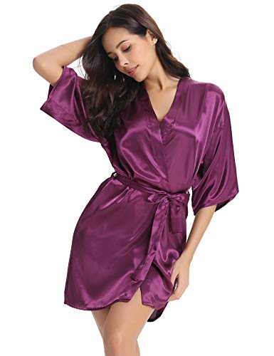 Vlazom Kimono Mujer Satén Suave y Ligero, Albornoces para Muje de Dormir/Batas Mujer de Pijamas S-XXL