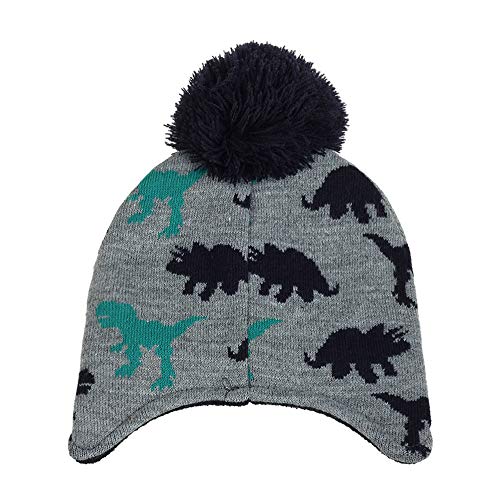 Vobony Sombrero y Bufanda Conjunto Niños Niñas Invierno Otoño Bufandas del Bebé Gorro de Punto con Pompon Forro Polar Patrón de Dinosaurio Sombrero de Lana Cuello Caliente (Azul Marino, 3-18 Meses)