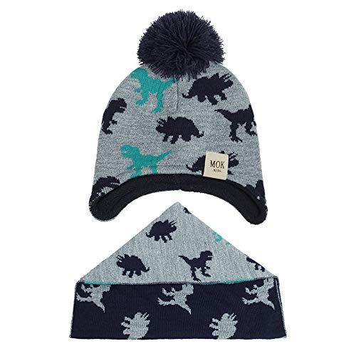 Vobony Sombrero y Bufanda Conjunto Niños Niñas Invierno Otoño Bufandas del Bebé Gorro de Punto con Pompon Forro Polar Patrón de Dinosaurio Sombrero de Lana Cuello Caliente (Azul Marino, 3-18 Meses)