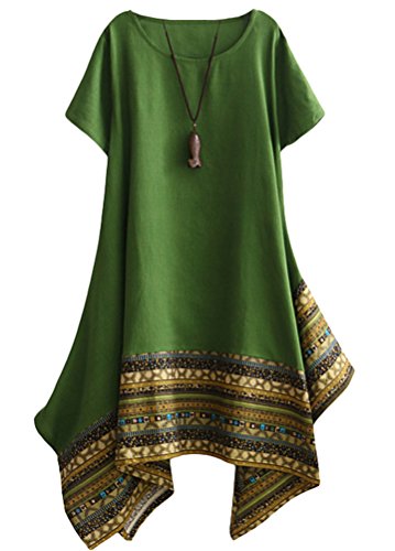 Vogstyle Mujeres De Verano De Algodón De Lino Vestido De Camiseta De Manga Corta LH000 Verde 2XL