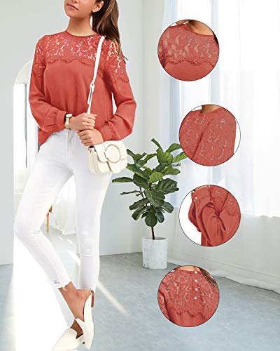 VONDA Camisa Mujer Manga Larga Sexy para con Blusa Encaje Tops Elegantes Bordados Túnica Cuello Redondo Shirt A-Melon Rojo XXL