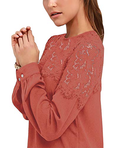 VONDA Camisa Mujer Manga Larga Sexy para con Blusa Encaje Tops Elegantes Bordados Túnica Cuello Redondo Shirt A-Melon Rojo XXL