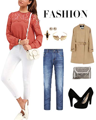 VONDA Camisa Mujer Manga Larga Sexy para con Blusa Encaje Tops Elegantes Bordados Túnica Cuello Redondo Shirt A-Melon Rojo XXL