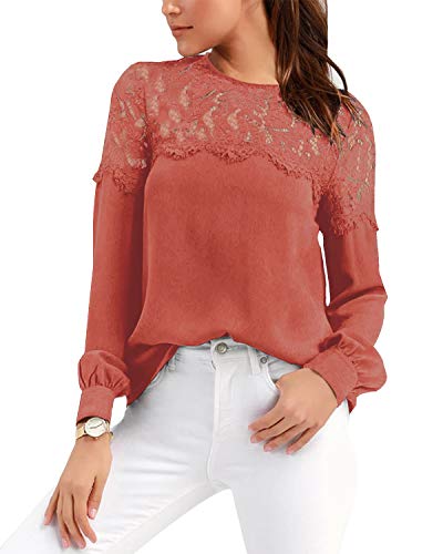 VONDA Camisa Mujer Manga Larga Sexy para con Blusa Encaje Tops Elegantes Bordados Túnica Cuello Redondo Shirt A-Melon Rojo XXL