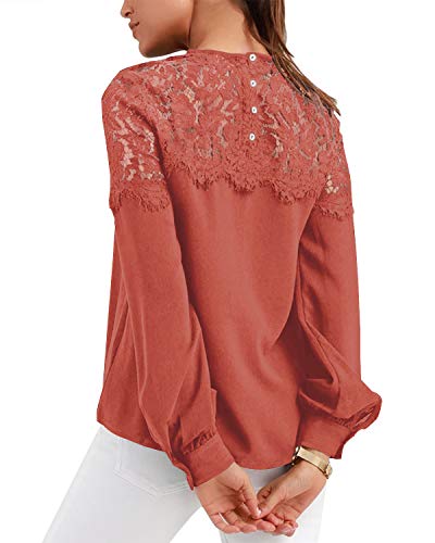 VONDA Camisa Mujer Manga Larga Sexy para con Blusa Encaje Tops Elegantes Bordados Túnica Cuello Redondo Shirt A-Melon Rojo XXL