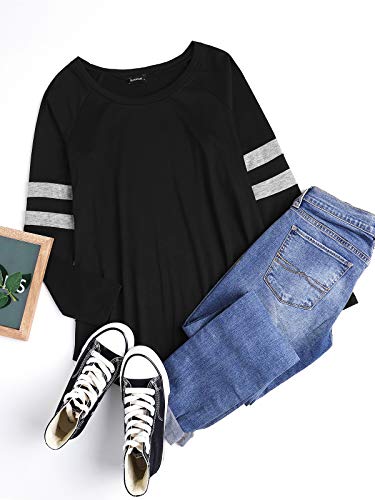 VONDA Camiseta de Manga Larga para Mujer Camisas Casuales de Cuello Redondo Jersey Flojo de béisbol raglanas A-Negro S