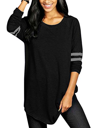 VONDA Camiseta de Manga Larga para Mujer Camisas Casuales de Cuello Redondo Jersey Flojo de béisbol raglanas A-Negro S