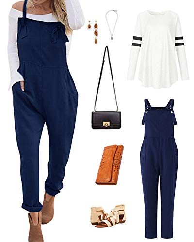 VONDA Women's Strappy Jumpsuits Overalls Casual Harem Wide Leg Dungarees Rompers B-Azul Marino M