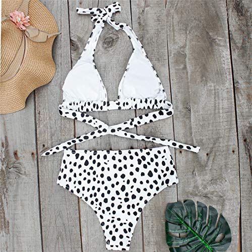 Voqeen Bikini de Cintura Alta para Mujer Conjunto de Cuello Halter Polka Dot Leaves Traje de baño con Estampado de Cuadros Traje de baño de Playa de Verano