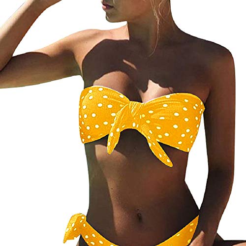 Voqeen Bikini Mujer Dos Piezas Ropa con Estampado de Lunares Push-Up Traje de baño con Lazo Mujeres Cuello Halter Sin Tirantes Bandeau Bikini Traje de baño (L, Amarillo)