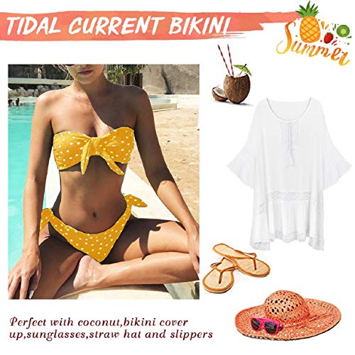 Voqeen Bikini Mujer Dos Piezas Ropa con Estampado de Lunares Push-Up Traje de baño con Lazo Mujeres Cuello Halter Sin Tirantes Bandeau Bikini Traje de baño (L, Amarillo)