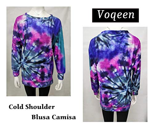 Voqeen Camisa de Manga Larga Tallas Grandes Mujer Camisas Estampado de Moda de Mujer Verano Camisas Blusas Tops Cold Shoulder Blusa Camisa Algodón Shirts (XL, Morado Rosado)