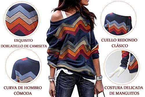 Voqeen Camisa de Manga Larga Tallas Grandes Mujer Camisas Estampado de Moda de Mujer Verano Camisas Blusas Tops Cold Shoulder Blusa Camisa Algodón Shirts (S, Armada(Manga Completa))