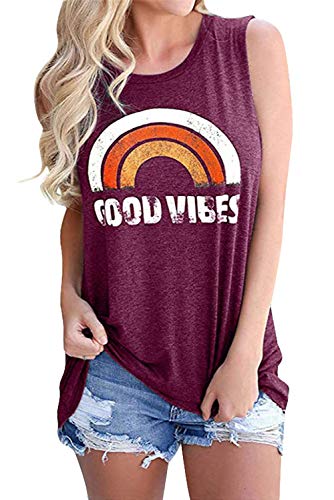 Voqeen Chaleco Sin Mangas para Mujer Cuello Redondo Buenas Vibes Arcoiris Impreso Casual Adolescentes Camiseta para Niñas Camiseta de Playa Blusa De Verano Camisetas De Tirantes