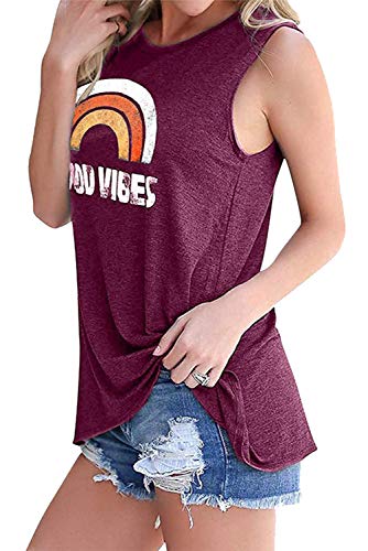 Voqeen Chaleco Sin Mangas para Mujer Cuello Redondo Buenas Vibes Arcoiris Impreso Casual Adolescentes Camiseta para Niñas Camiseta de Playa Blusa De Verano Camisetas De Tirantes