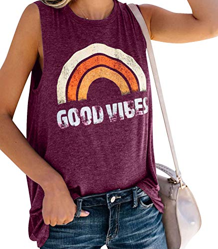 Voqeen Chaleco Sin Mangas para Mujer Cuello Redondo Buenas Vibes Arcoiris Impreso Casual Adolescentes Camiseta para Niñas Camiseta de Playa Blusa De Verano Camisetas De Tirantes