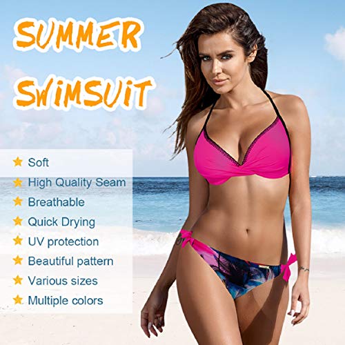 Voqeen Conjunto de Bikini Push up Bralette Mujer Bikini con Cuello Halter Acolchado Traje de baño de Cintura Baja Trajes de baño Adecuado Viajes Playa Bañador Trajes (H, M)