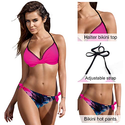 Voqeen Conjunto de Bikini Push up Bralette Mujer Bikini con Cuello Halter Acolchado Traje de baño de Cintura Baja Trajes de baño Adecuado Viajes Playa Bañador Trajes (H, M)