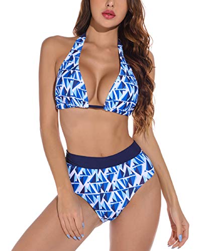 Voqeen Conjuntos de Bikinis para Mujer Push Up Bikini Geometría Traje de baño de Cintura Baja Trajes de baño Adecuado Viajes Playa (Azul & Blanco, XL)