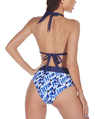 Voqeen Conjuntos de Bikinis para Mujer Push Up Bikini Geometría Traje de baño de Cintura Baja Trajes de baño Adecuado Viajes Playa (Azul & Blanco, XL)