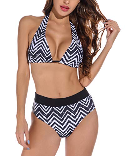 Voqeen Conjuntos de Bikinis para Mujer Push Up Bikini Geometría Traje de baño de Cintura Baja Trajes de baño Adecuado Viajes Playa (Negro & Blanco, XL)