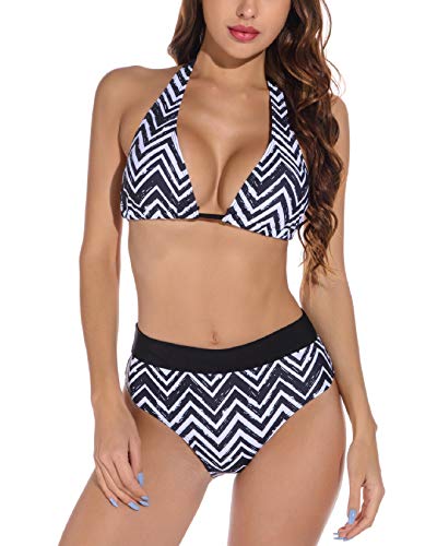 Voqeen Conjuntos de Bikinis para Mujer Push Up Bikini Geometría Traje de baño de Cintura Baja Trajes de baño Adecuado Viajes Playa (Negro & Blanco, XL)