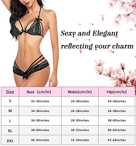 Voqeen Lencería de Mujer Babydoll de Encaje 2 Piezas de Sujetador y Bragas Sexy Vestido de Tirantes Copa de Encaje Ropa de Dormir