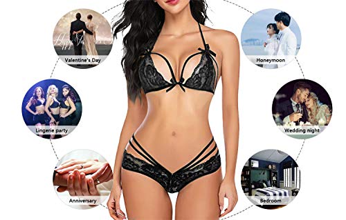 Voqeen Lencería de Mujer Babydoll de Encaje 2 Piezas de Sujetador y Bragas Sexy Vestido de Tirantes Copa de Encaje Ropa de Dormir