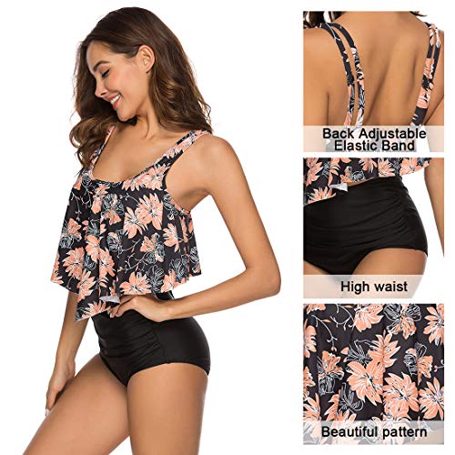 Voqeen Mujer Bañadores Volantes Conjunto de Bikini Acolchado Rayas Imprimir de Cintura Alta con Pliegues Traje de baño