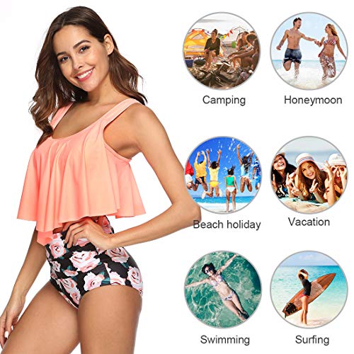 Voqeen Mujer Bañadores Volantes Conjunto de Bikini Acolchado Rayas Imprimir de Cintura Alta con Pliegues Traje de baño