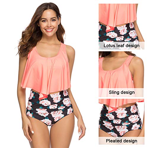 Voqeen Mujer Bañadores Volantes Conjunto de Bikini Acolchado Rayas Imprimir de Cintura Alta con Pliegues Traje de baño