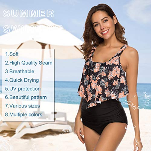 Voqeen Mujer Bañadores Volantes Conjunto de Bikini Acolchado Rayas Imprimir de Cintura Alta con Pliegues Traje de baño