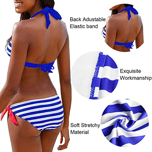 Voqeen Mujer Bikini Rayas Cabestro Traje de baño Acolchado Ropa de Playa de Dos Piezas