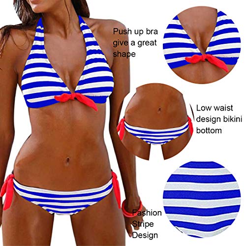 Voqeen Mujer Bikini Rayas Cabestro Traje de baño Acolchado Ropa de Playa de Dos Piezas