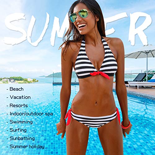 Voqeen Mujer Bikini Rayas Cabestro Traje de baño Acolchado Ropa de Playa de Dos Piezas (Negro, S)