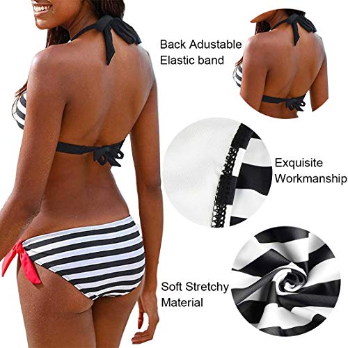 Voqeen Mujer Bikini Rayas Cabestro Traje de baño Acolchado Ropa de Playa de Dos Piezas (Negro, S)