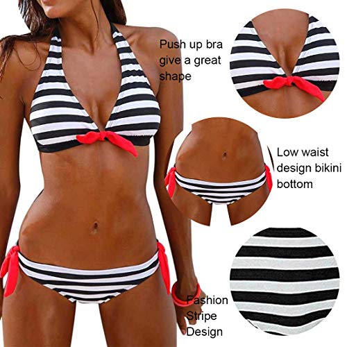 Voqeen Mujer Bikini Rayas Cabestro Traje de baño Acolchado Ropa de Playa de Dos Piezas (Negro, S)