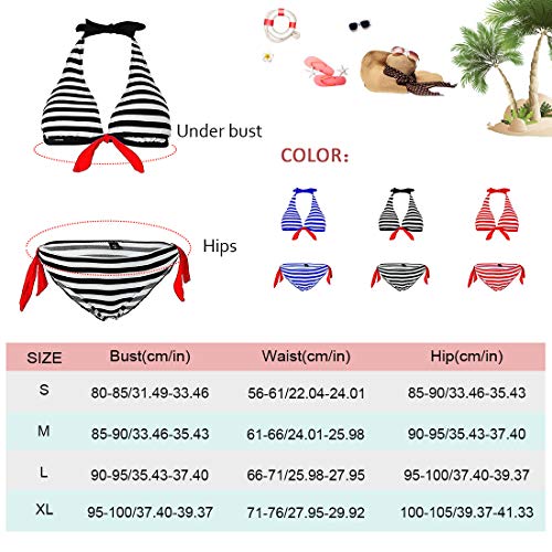 Voqeen Mujer Bikini Rayas Cabestro Traje de baño Acolchado Ropa de Playa de Dos Piezas (Negro, S)
