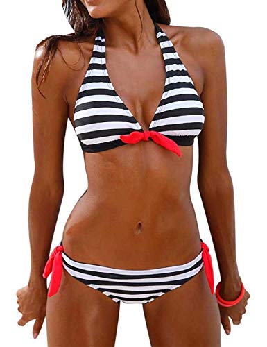 Voqeen Mujer Bikini Rayas Cabestro Traje de baño Acolchado Ropa de Playa de Dos Piezas (Negro, S)