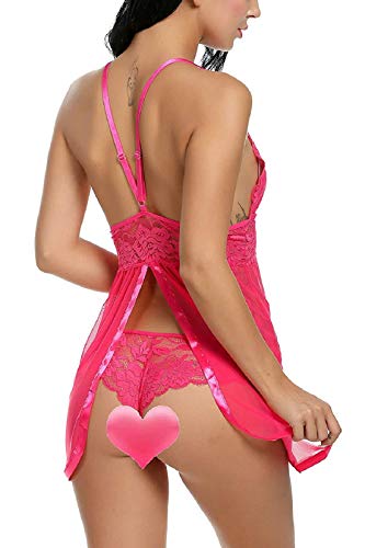 Voqeen Mujer Conjuntos Lenceria Sexy Lencería Babydoll de Encaje Vestido de Dormir con Cuello en V Ropa de Dormir Sedosa